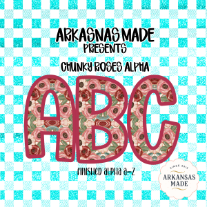 Chunky Roses Alpha Set, Floral Alphabet PNG, Teal Glitter Gingham Sublimation, Digital Download DTF Font, Full A-Z, Custom Design, Instant
