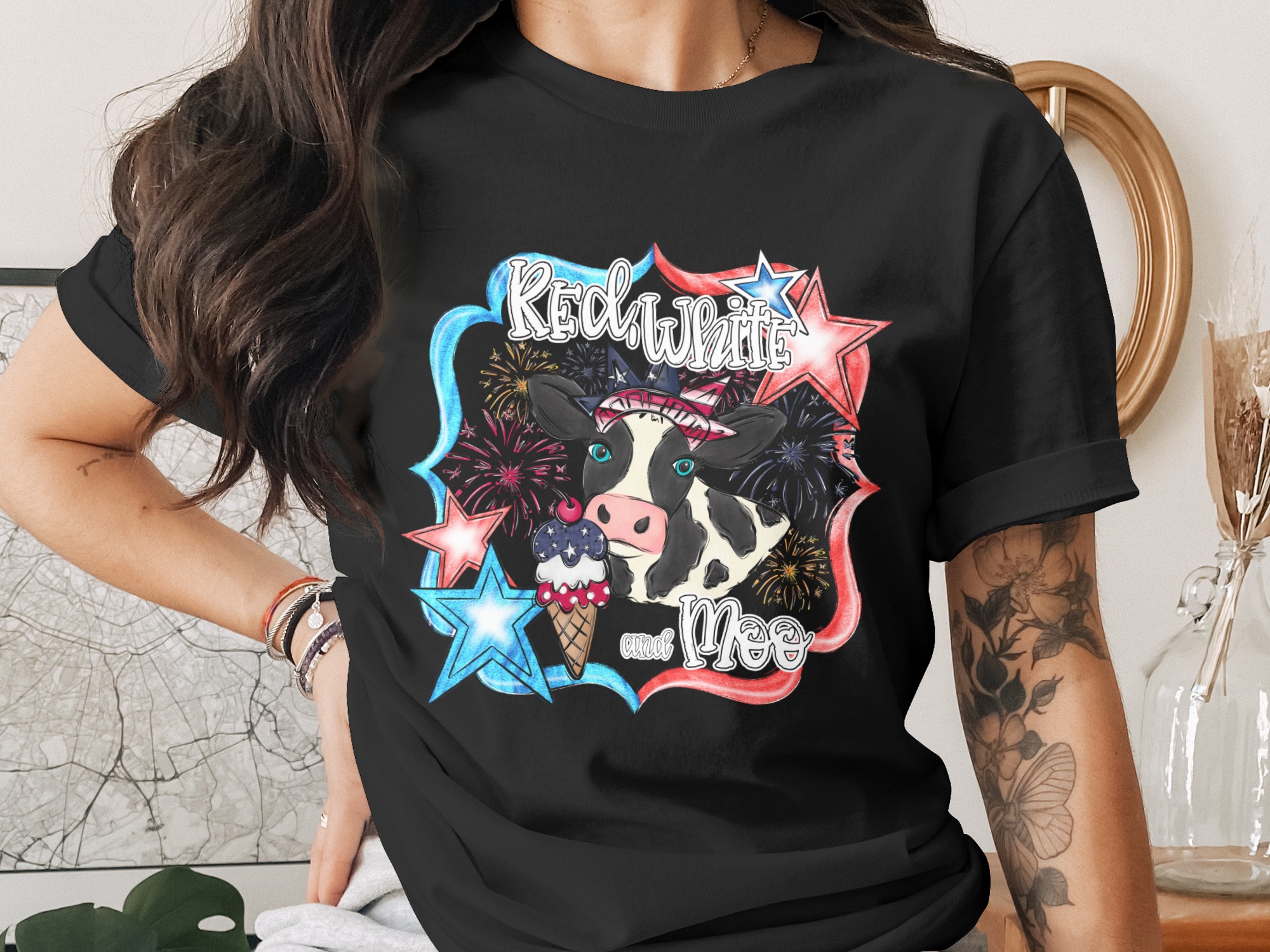 Red White and Moo Cow PNG, Patriotic 4th of July Sublimation Design, Independence Day DTF Digital Download, Cute Farm Animal Art - Image 2