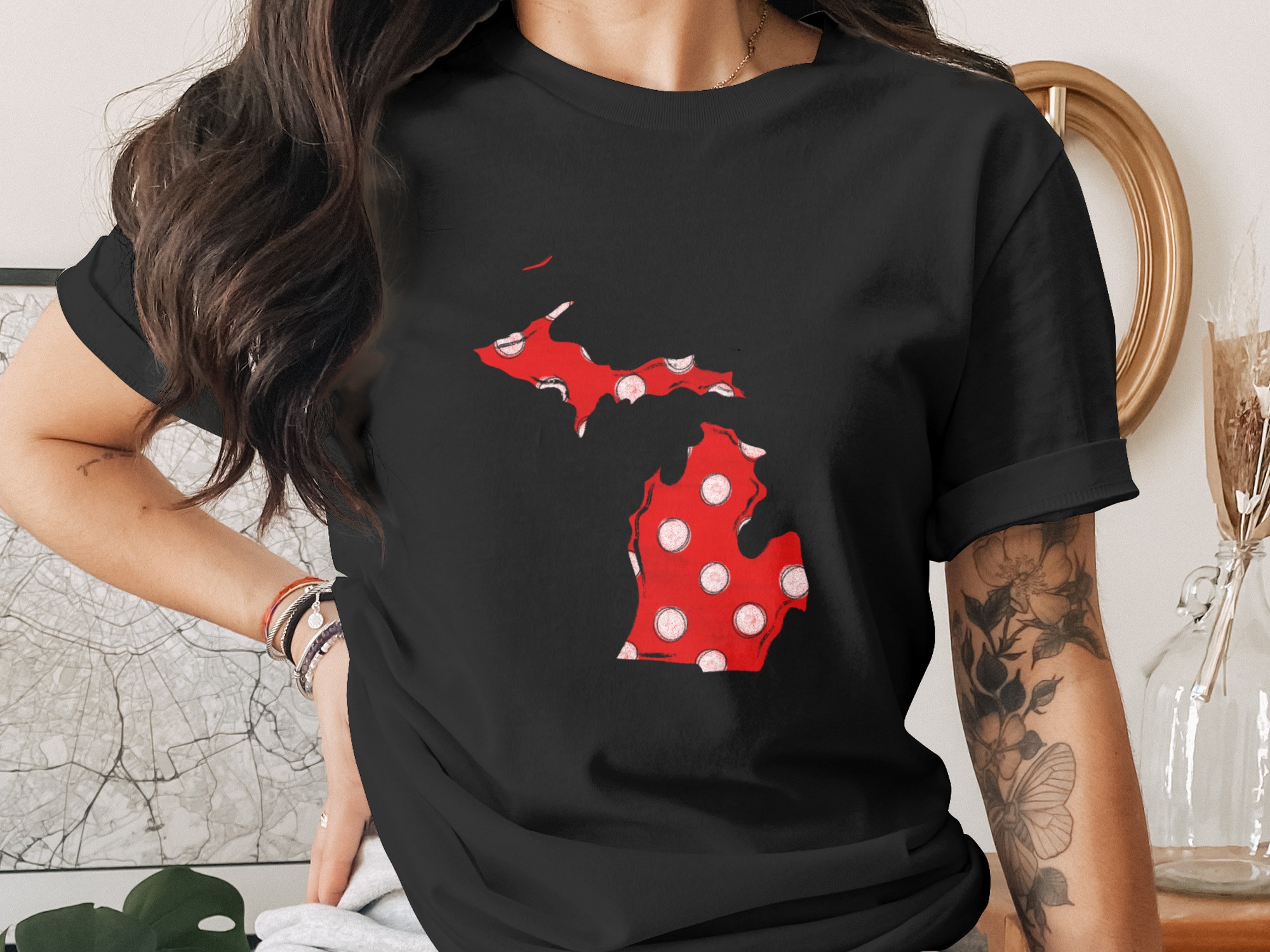 Michigan Polka Dot PNG, Great Lakes State DTF Sublimation, Red White Black Distressed Outline Digital Download, MI Map Artwork - Image 2
