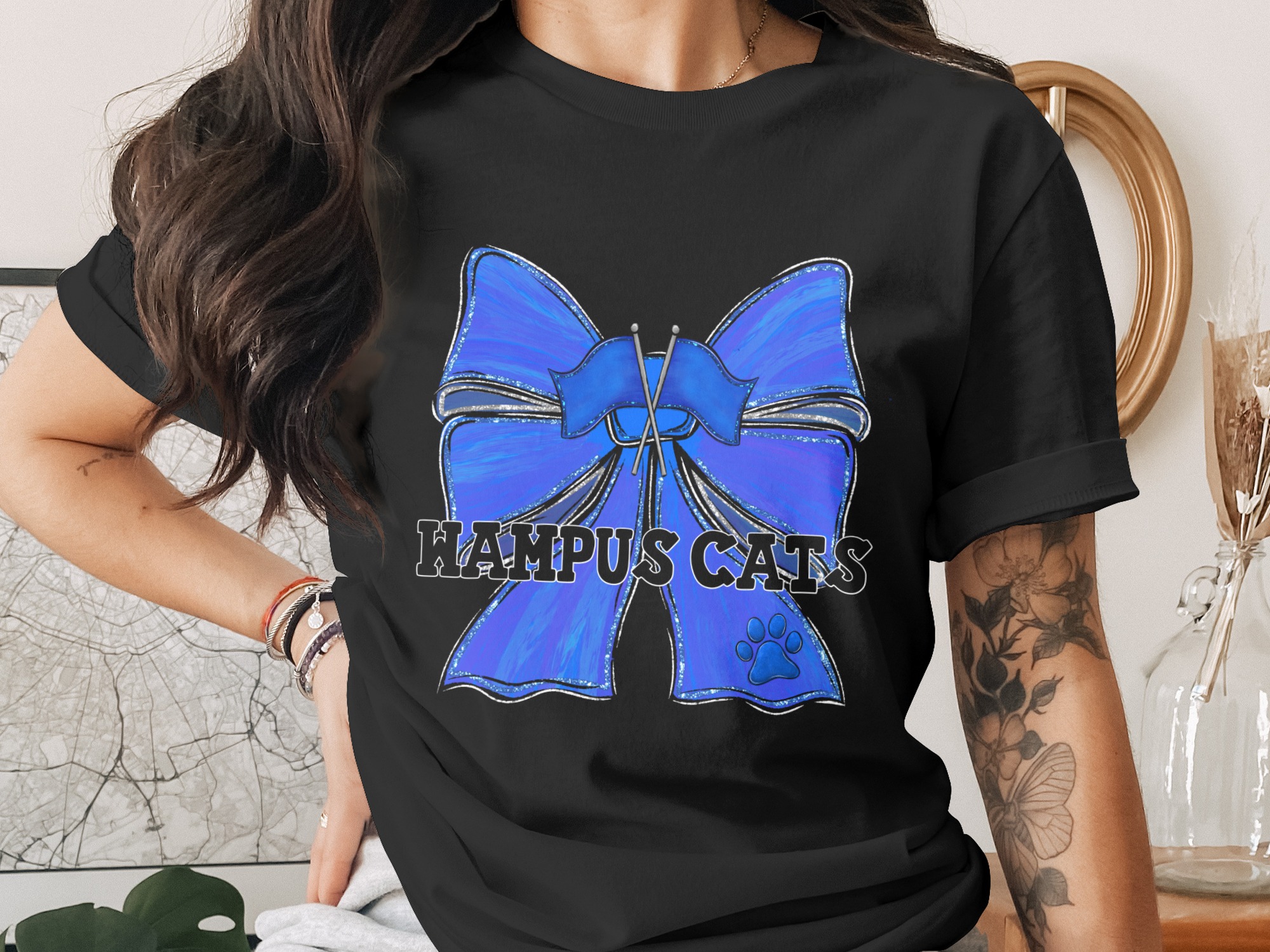 Wampus Cats Digital Download, Blue Glitter Cheer Bow PNG, School Spirit Mascot Design, Sublimation DTF Print File, Paw Print Flags - Image 2