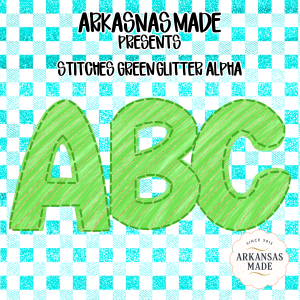 Stitches Green Glitter Alpha ABC Letters Digital Download Sublimation DTF PNGs, Plaid Background Alphabet Clipart, Craft Design