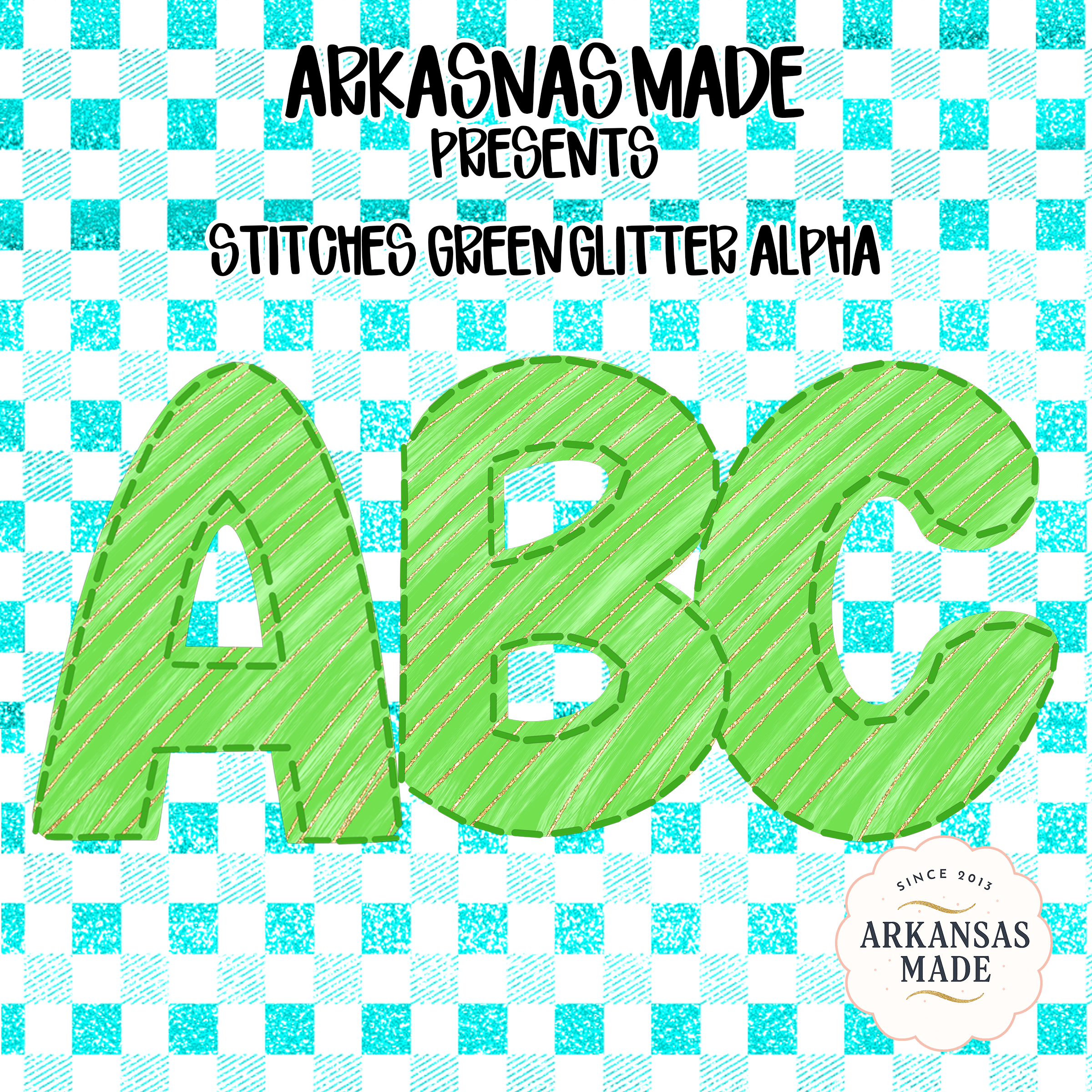 Stitches Green Glitter Alpha ABC Letters Digital Download Sublimation DTF PNGs, Plaid Background Alphabet Clipart, Craft Design