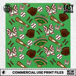 Baseball Bow Digital Paper, Seamless Pattern, Game Day Background, Digital Download PNG, Scrapbooking, Sport Theme, Field, Bat, Glove, Ball