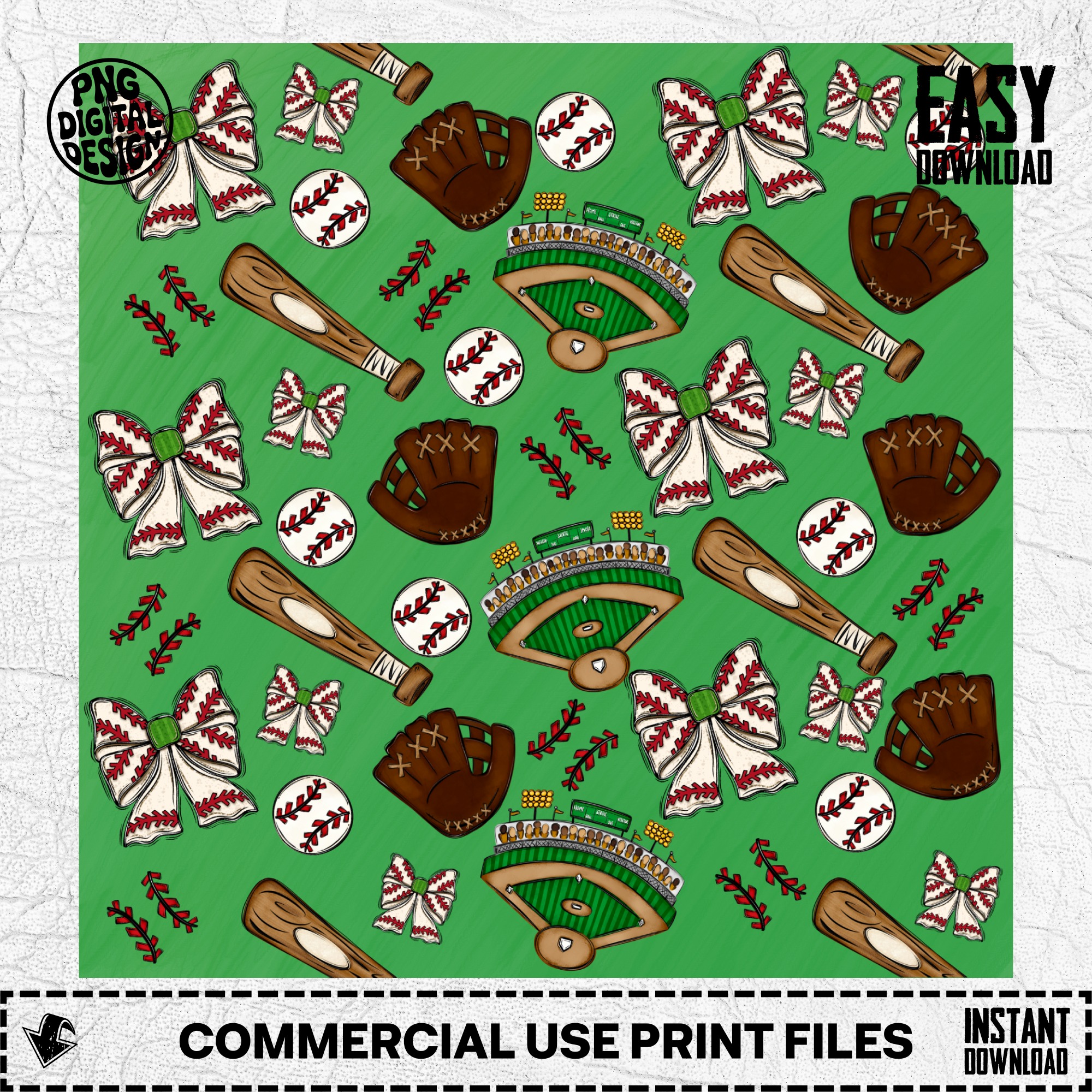 Baseball Bow Digital Paper, Seamless Pattern, Game Day Background, Digital Download PNG, Scrapbooking, Sport Theme, Field, Bat, Glove, Ball