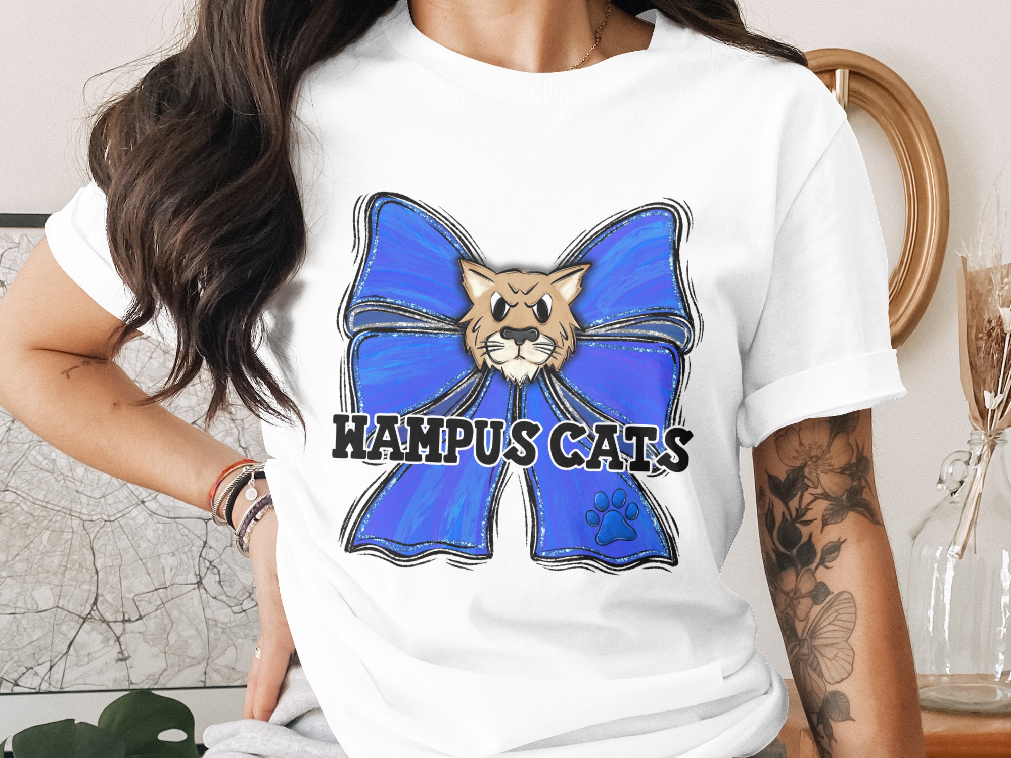 Wampus Cats DTF PNG, Digital Download, Sublimation Design, Blue Glitter Bow, Fierce Cat Mascot, Paw Print, School Spirit, Game Day Graphic