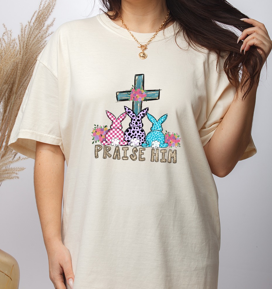 Easter Praise Him PNG, Religious Bunny Cross Sublimation, Digital Download DTF, Christian Spring Faith Art, Floral Rabbits - Image 3