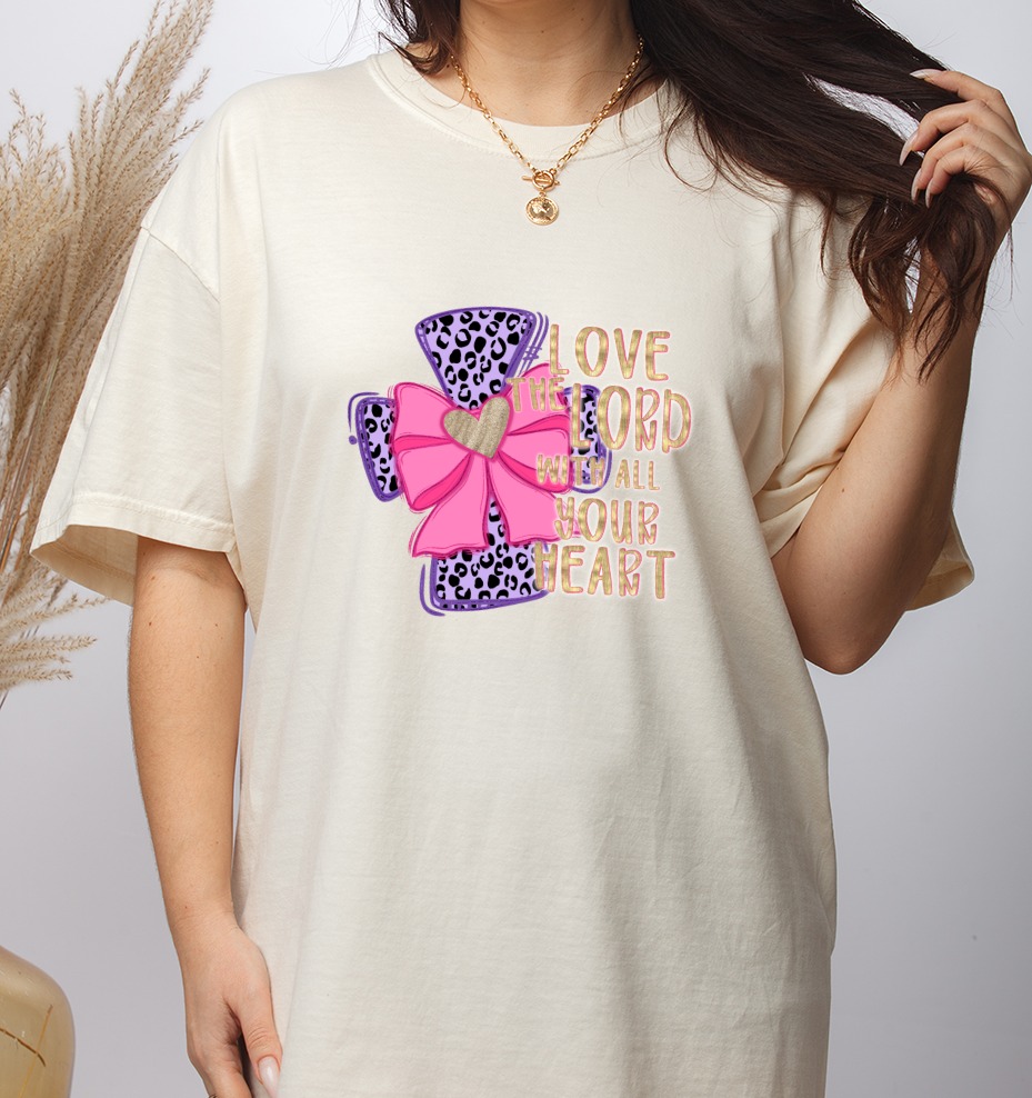 Love The Lord With All Your Heart PNG, Christian Cow Print DTF, Purple Pink Glitter Bow, Faith Quote Digital Download Sublimation - Image 3