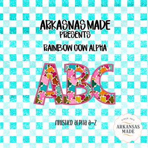 Rainbow Cow Print Alphabet PNG, Colorful Cow Hide Alpha, Glitter Teal Gingham Letters, Digital Download PNG Alpha, Sublimation, Nursery