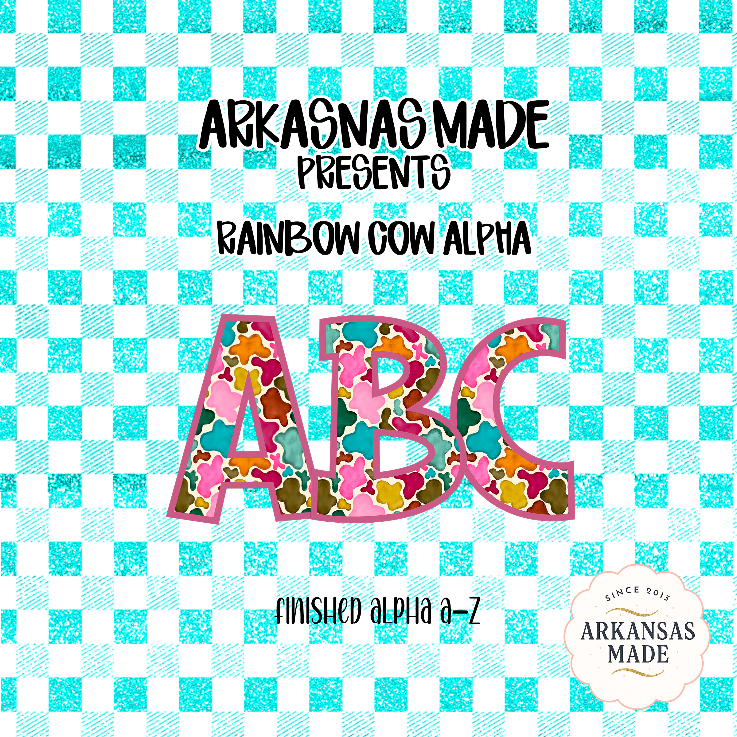 Rainbow Cow Print Alphabet PNG, Colorful Cow Hide Alpha, Glitter Teal Gingham Letters, Digital Download PNG Alpha, Sublimation, Nursery