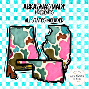All 50 States Cow Print PNG Bundle, Distressed State Sublimation DTF Alpha, Digital Download, Aqua Gingham Background, Western Country