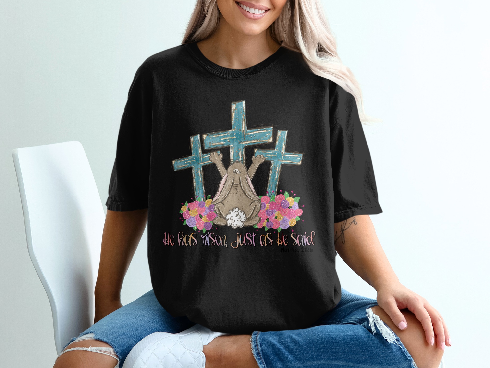 He Has Risen T-Shirt, Matthew 28:6 Scripture Tee, Christian Easter Bunny Shirt, Religious Crosses Faith Top, Easter Sunday Celebration Gift - Image 2