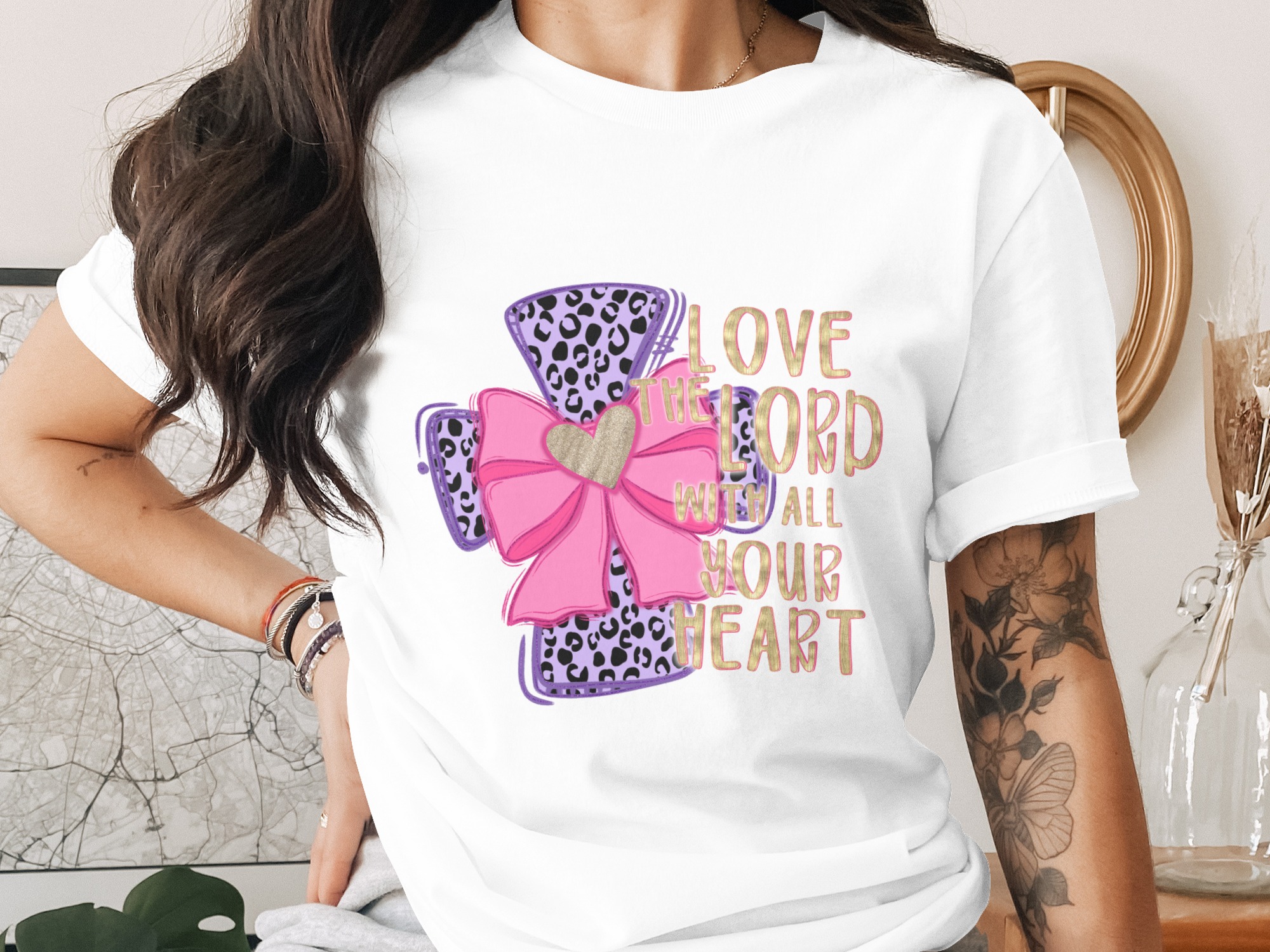 Love The Lord With All Your Heart PNG, Christian Cow Print DTF, Purple Pink Glitter Bow, Faith Quote Digital Download Sublimation
