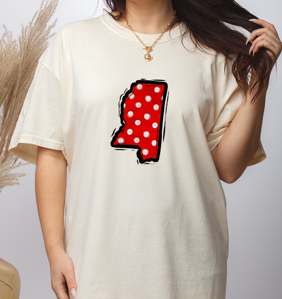Mississippi State Polka Dot PNG, Red White Distressed Map Outline, Digital Download DTF Sublimation Design, Southern USA Craft Graphic - Image 3
