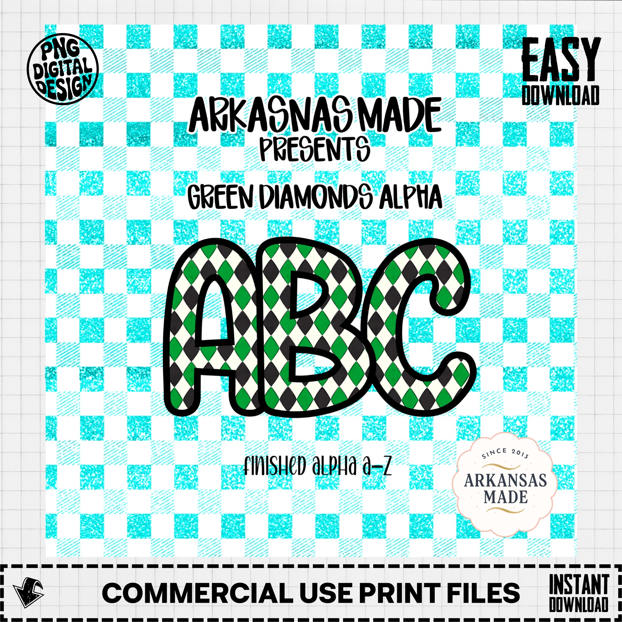 Green Diamond Argyle Alpha PNG, Digital Download Alphabet Letters, Checkered Glitter Background, Complete A-Z Set, Crafting, Sublimation - Image 2