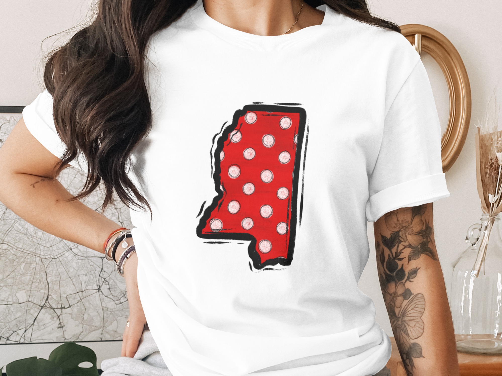 Mississippi State Polka Dot PNG, Red White Distressed Map Outline, Digital Download DTF Sublimation Design, Southern USA Craft Graphic