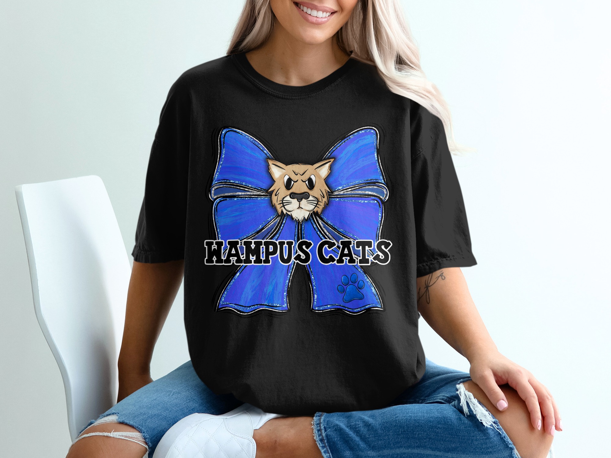 Wampus Cats T-Shirt, Fierce Cat Face Design, Blue Bow and Paw Print, School Spirit Tee, Unique Mascot Fan Gear, Cool Team Shirt - Image 2