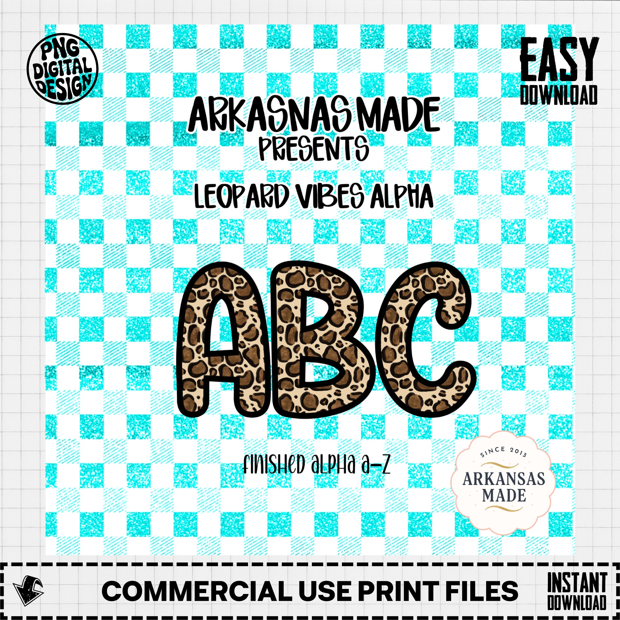 Leopard ABC Alphabet PNG Alpha, Digital Download, Turquoise Plaid Letters, Glitter Buffalo Gingham, Full A-Z Set, Instant Download, Graphic - Image 2