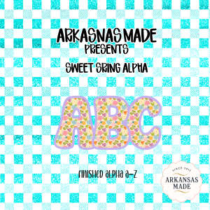 Sweet Spring Floral Alphabet PNG Alpha, Digital Download Letters A-Z, Turquoise Gingham Glitter Background, Nursery Crafts, Sublimation