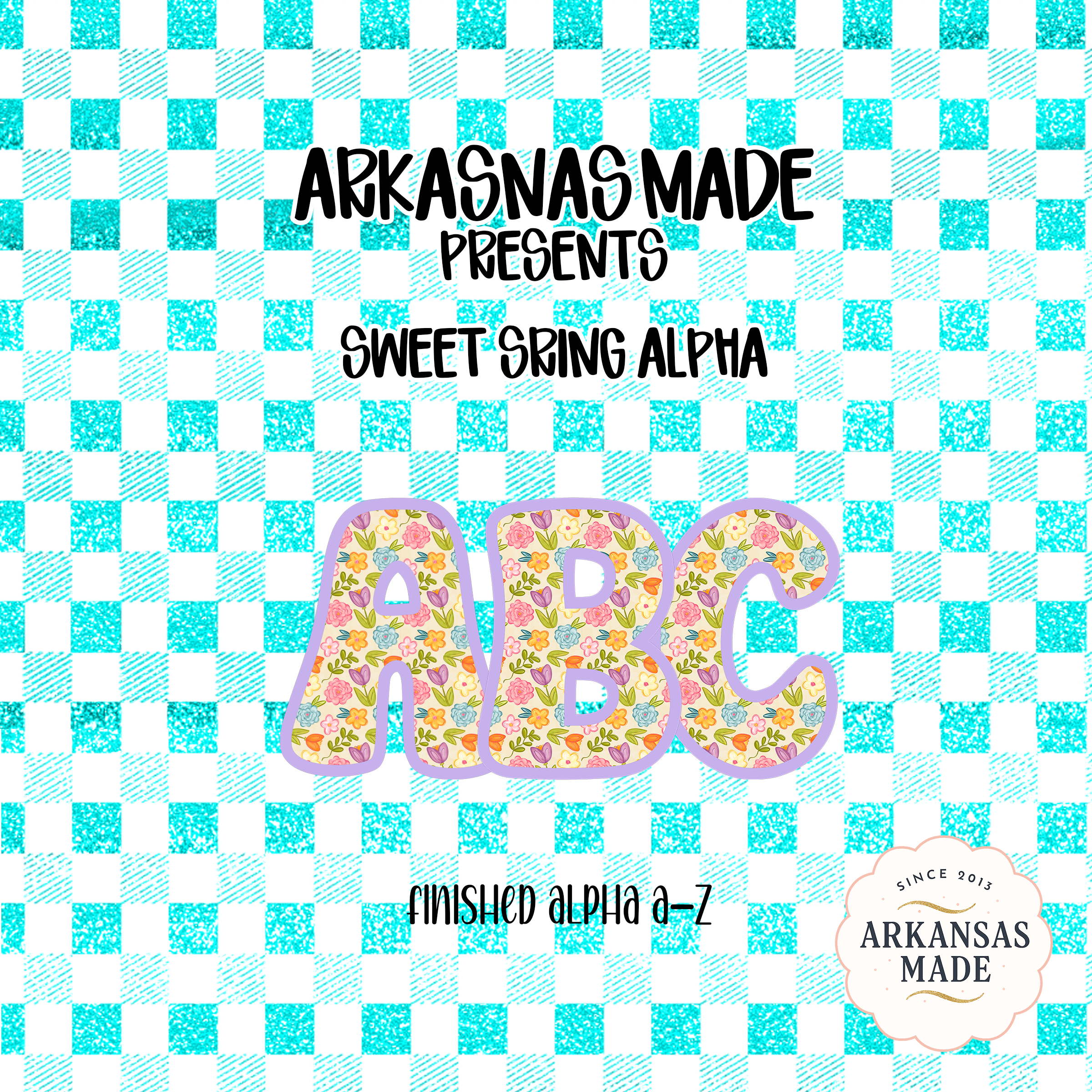 Sweet Spring Floral Alphabet PNG Alpha, Digital Download Letters A-Z, Turquoise Gingham Glitter Background, Nursery Crafts, Sublimation