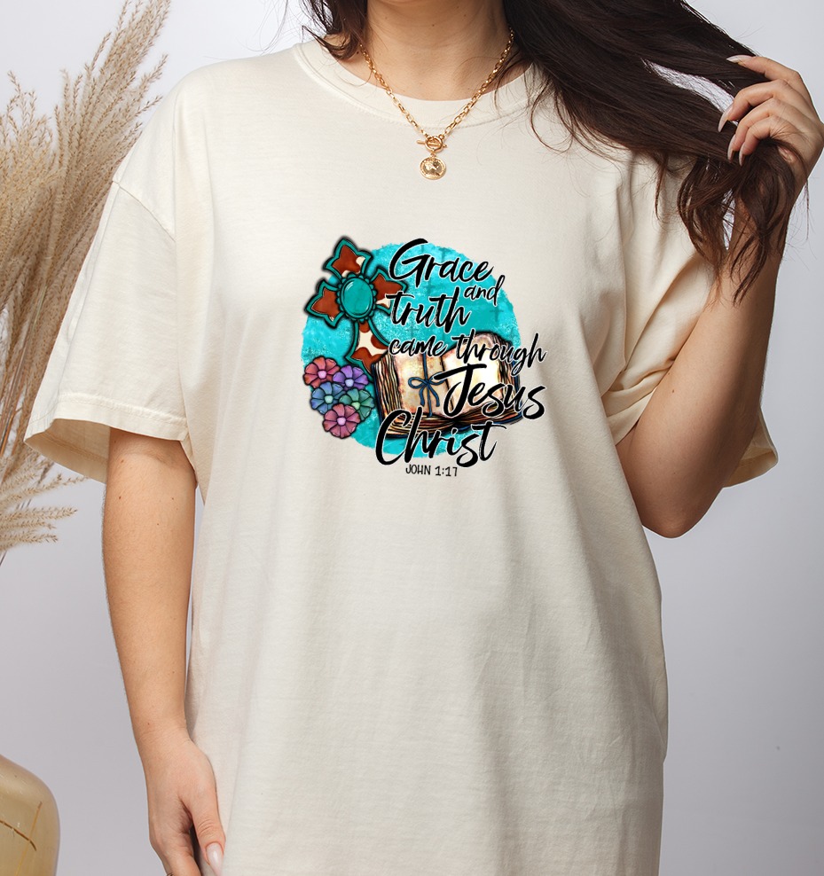 Grace Truth Jesus Christ Digital Download Sublimation DTF PNG, Christian Design, Floral Cross, Bible Verse, John 1 17, Ready to Press - Image 3