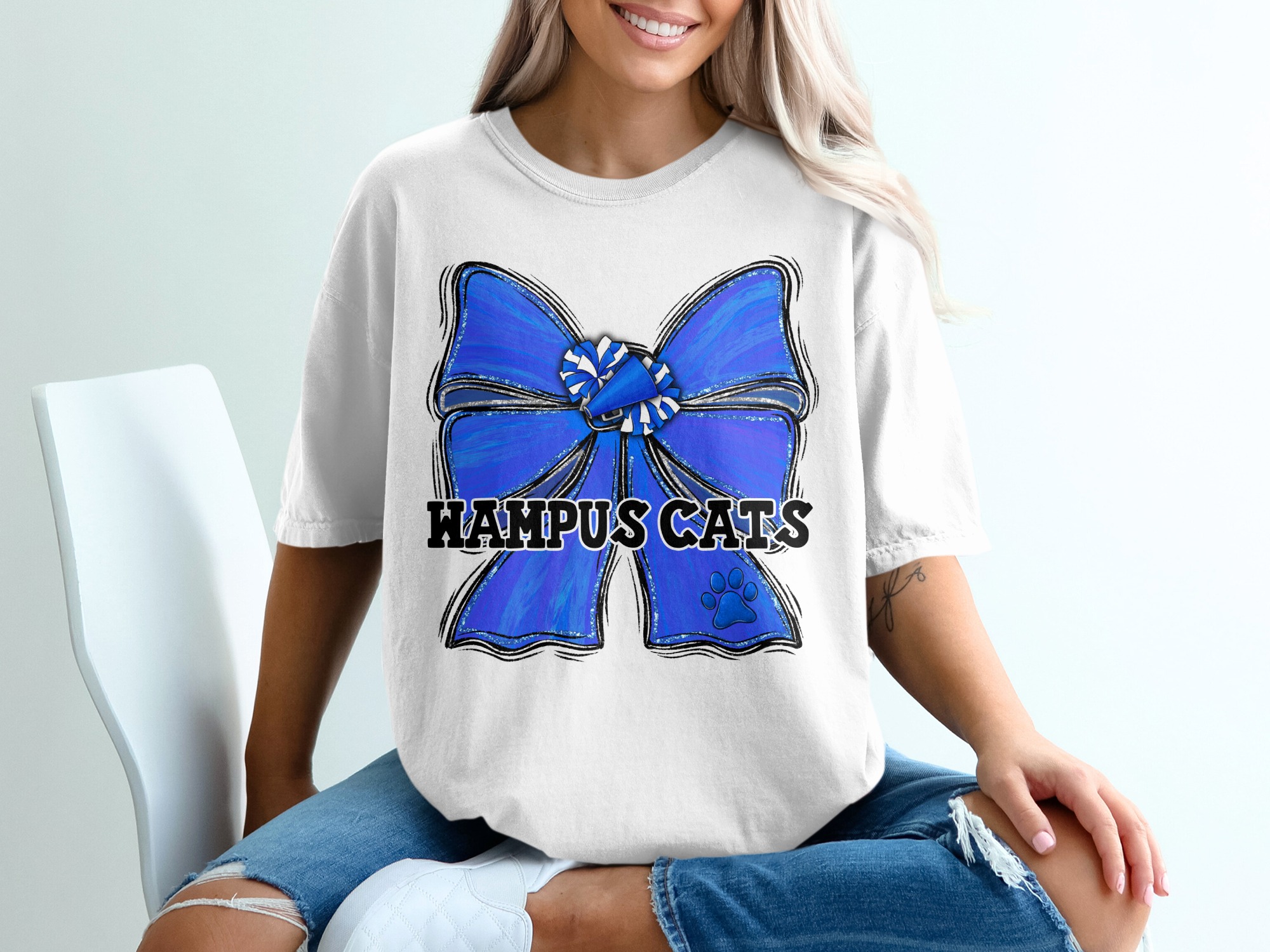 Wampus Cats T-Shirt, Blue Cheer Bow Megaphone Paw Print, School Spirit Team Fan Game Day T-Shirt, Unique Mascot Supporter Gift