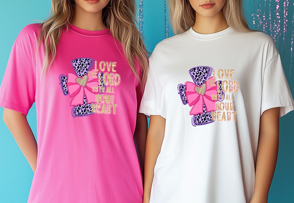 Love The Lord With All Your Heart PNG, Christian Cow Print DTF, Purple Pink Glitter Bow, Faith Quote Digital Download Sublimation - Image 6
