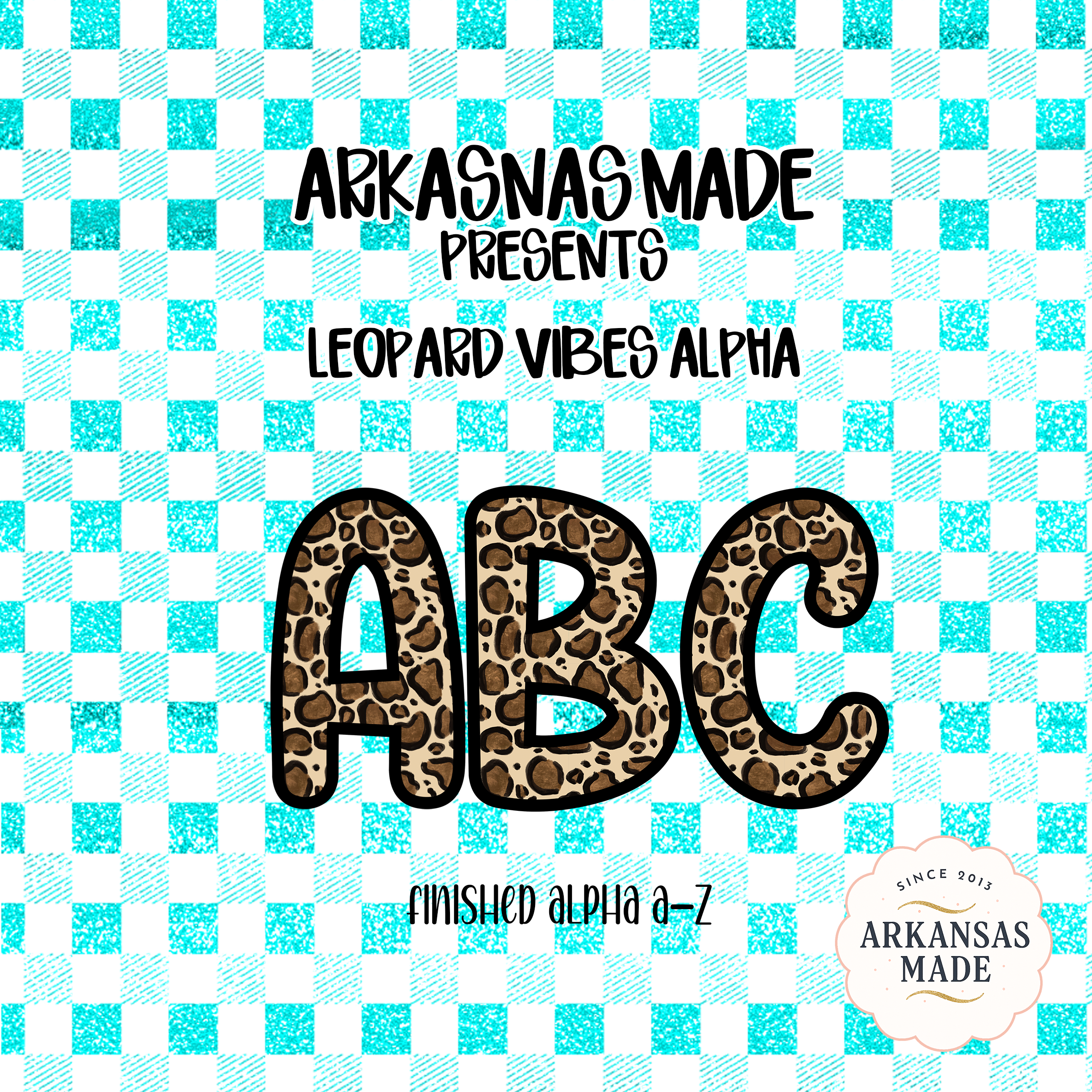Leopard ABC Alphabet PNG Alpha, Digital Download, Turquoise Plaid Letters, Glitter Buffalo Gingham, Full A-Z Set, Instant Download, Graphic