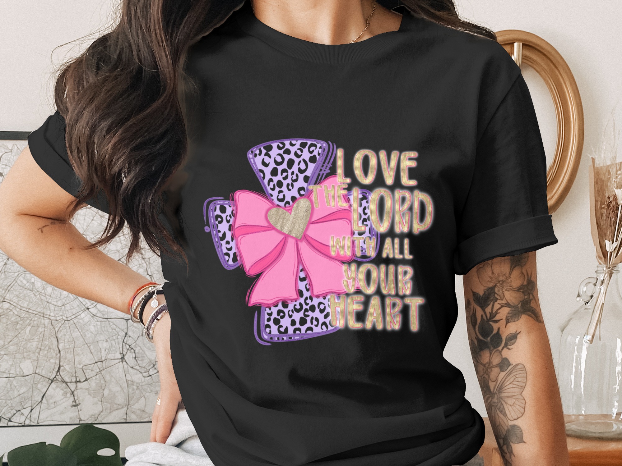Love The Lord With All Your Heart PNG, Christian Cow Print DTF, Purple Pink Glitter Bow, Faith Quote Digital Download Sublimation - Image 2