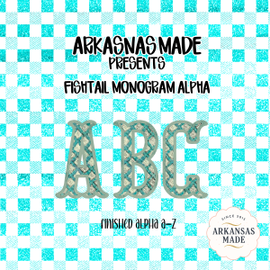 Fishtail Monogram Alpha Set, Digital Download PNG, Full Alphabet A-Z, Teal Gingham Glitter Letters, Turquoise Checkered Font, Sparkle Alpha