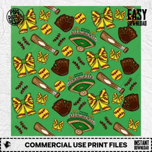 Softball Digital Paper, PNG Seamless Pattern, Game Day Sports Print, Softball Bow, Field, Bat, Glove, Digital Download for Crafts