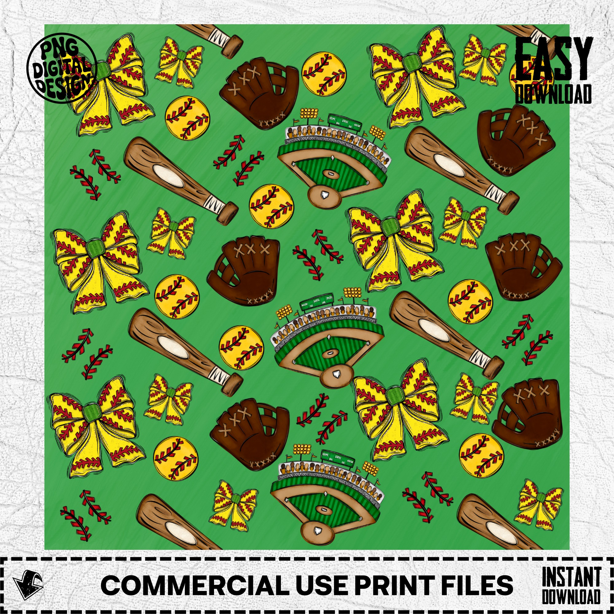 Softball Digital Paper, PNG Seamless Pattern, Game Day Sports Print, Softball Bow, Field, Bat, Glove, Digital Download for Crafts