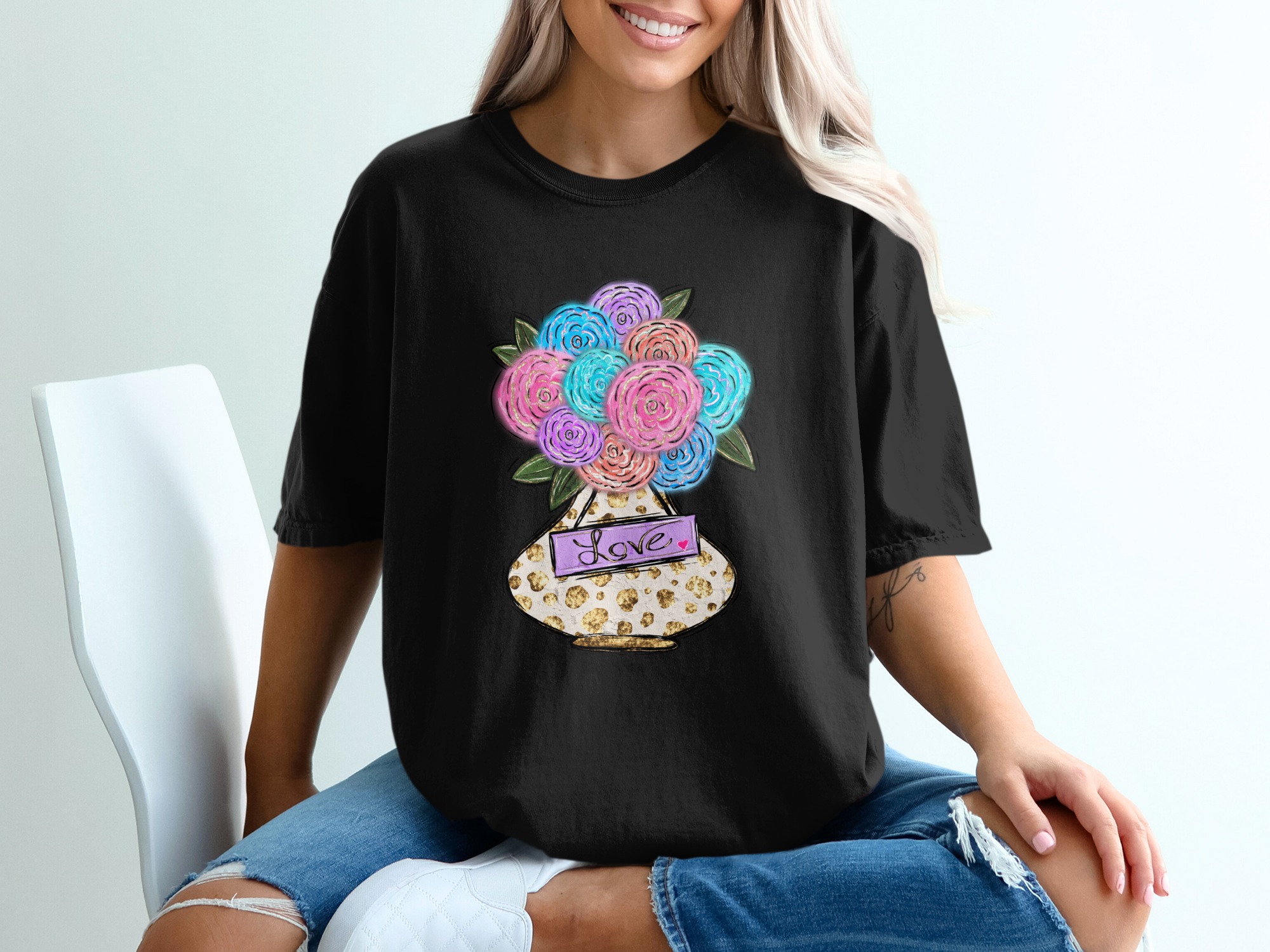 Colorful Rose Bouquet T-Shirt, Pastel Floral Love Vase Tee, Aesthetic Flower Graphic T-Shirt, Womens Gift, Valentines Day, Trendy Top - Image 2