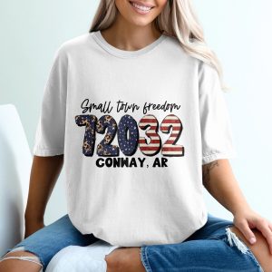 Conway AR 72032 Small Town Freedom T-Shirt, Patriotic Leopard Print Design Tee, Arkansas Zip Code, Local Pride Shirt, USA Flag Gift