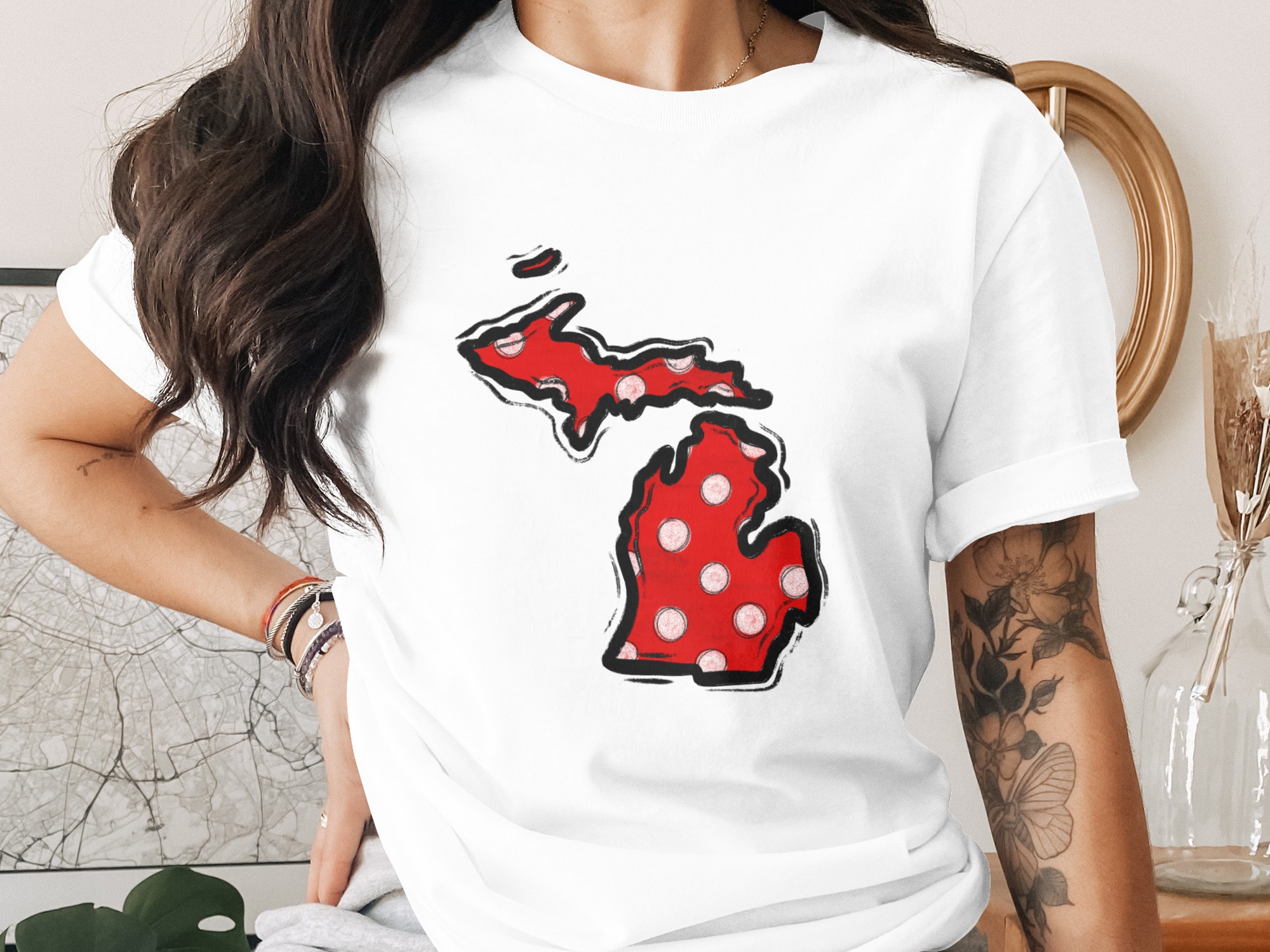 Michigan Polka Dot PNG, Great Lakes State DTF Sublimation, Red White Black Distressed Outline Digital Download, MI Map Artwork