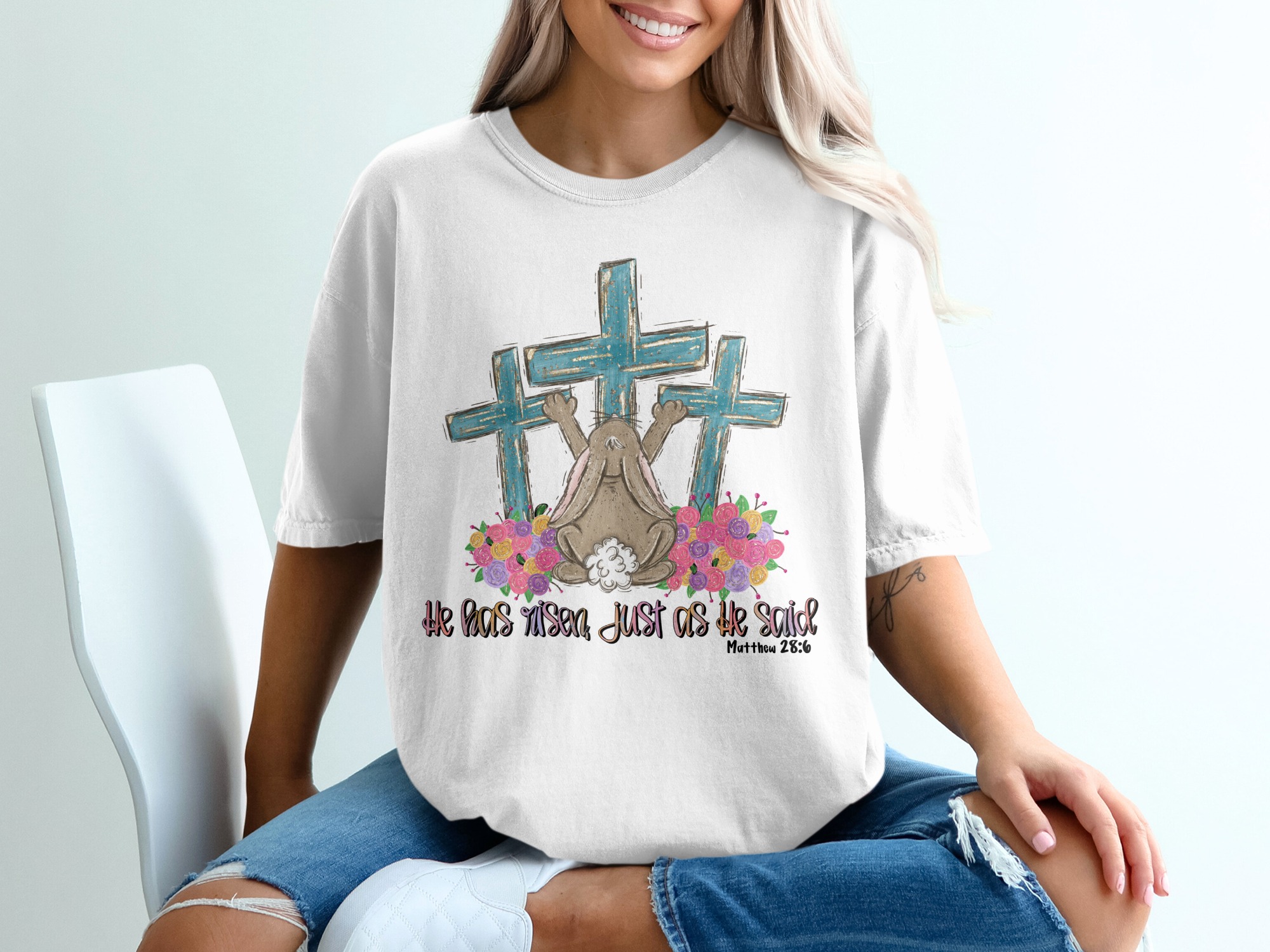 He Has Risen T-Shirt, Matthew 28:6 Scripture Tee, Christian Easter Bunny Shirt, Religious Crosses Faith Top, Easter Sunday Celebration Gift