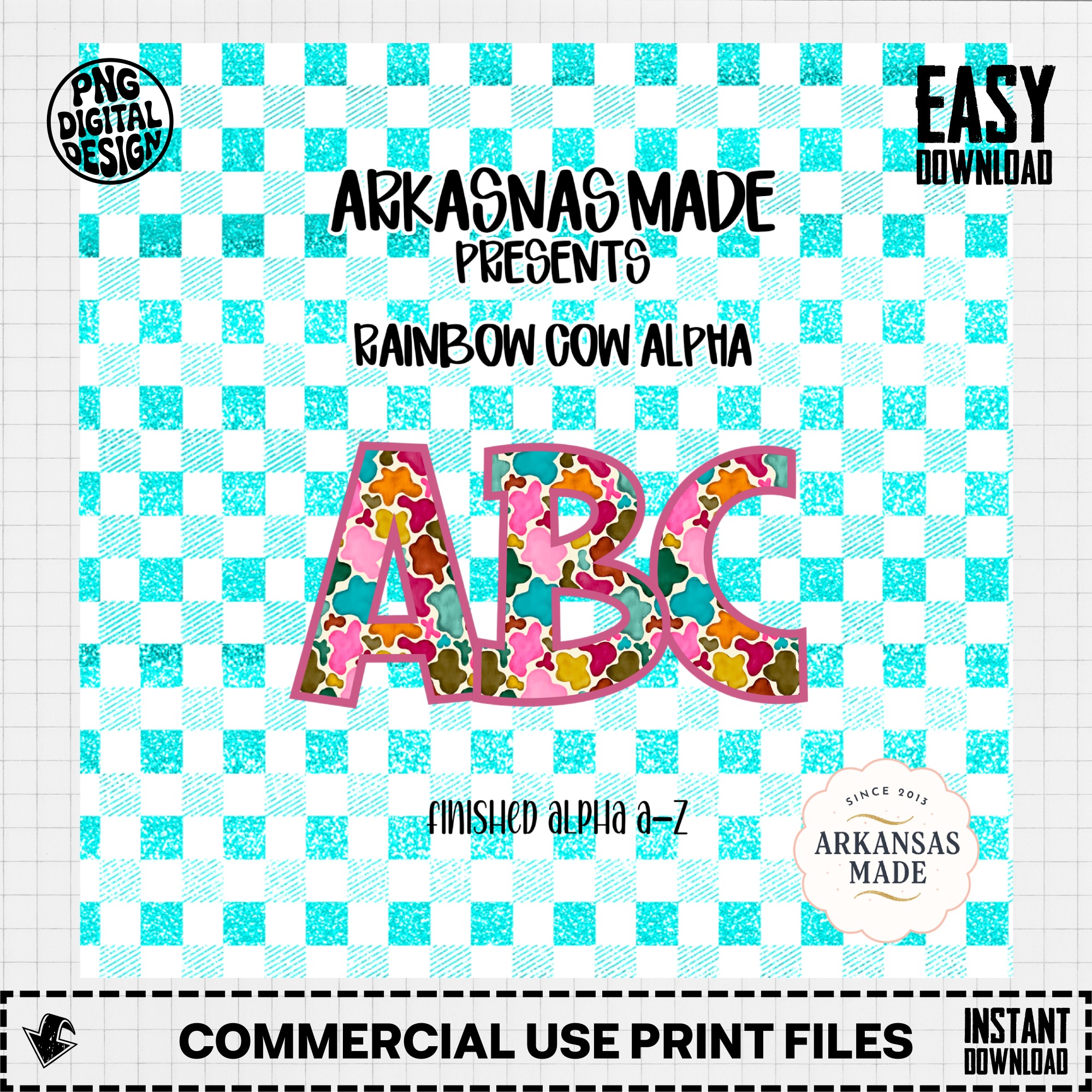 Rainbow Cow Print Alphabet PNG, Colorful Cow Hide Alpha, Glitter Teal Gingham Letters, Digital Download PNG Alpha, Sublimation, Nursery - Image 2