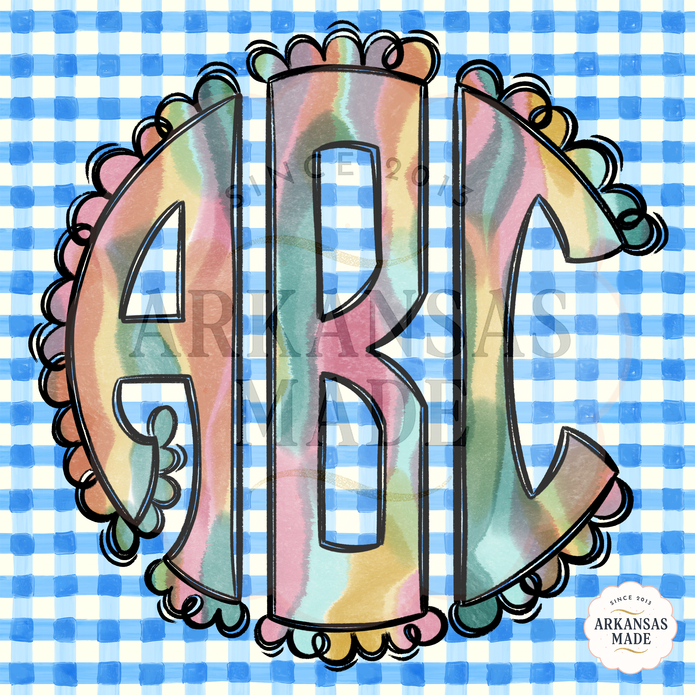 Digital Easter Scallop Monogram PNG, Pastel Color, Gingham Background, Spring Monogram Frame, Sublimation Design, Monogram Letters