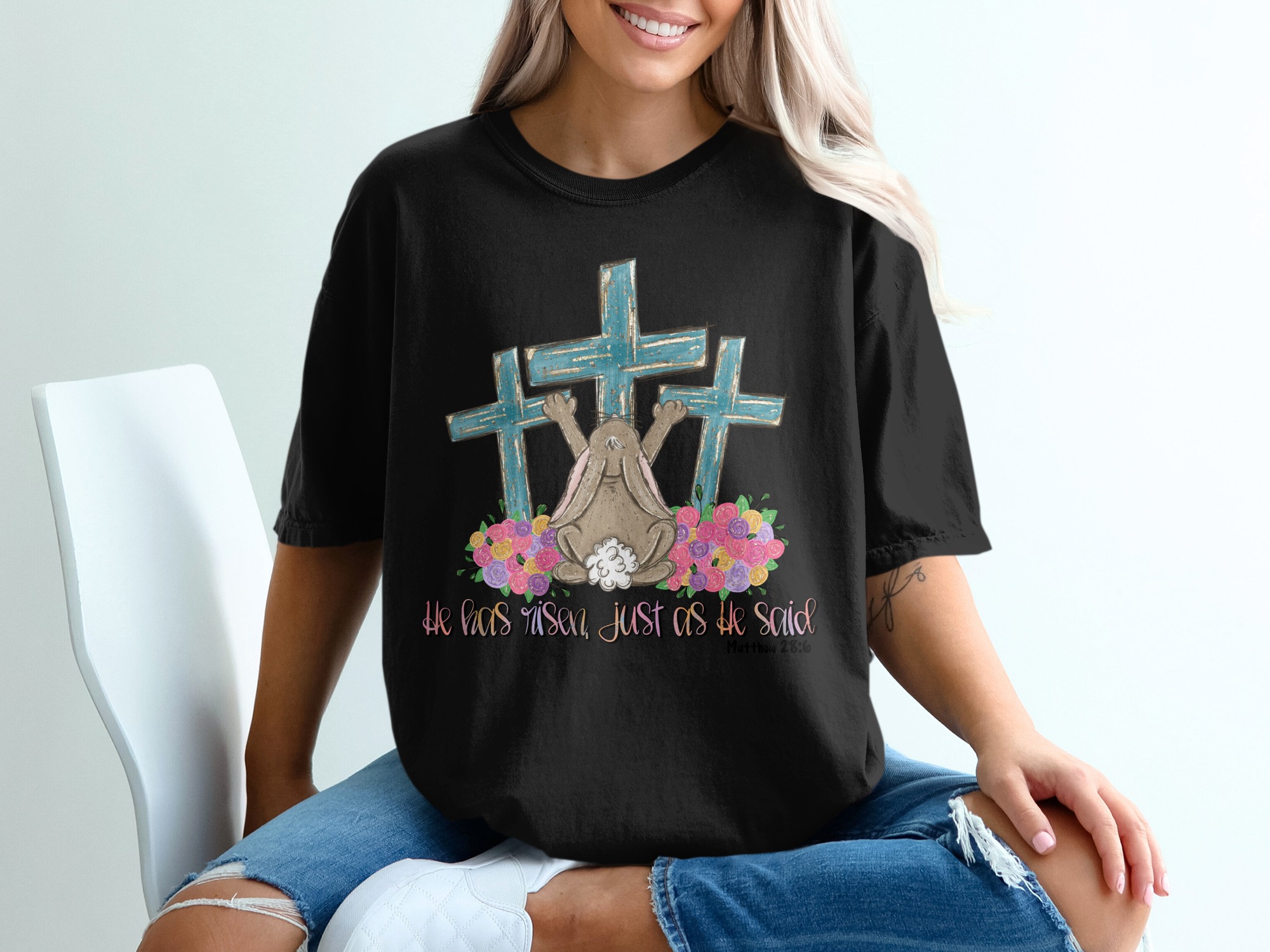 He Has Risen T-Shirt, Easter Christian Matthew 28:6 Tee, Resurrection Bunny Cross Shirt, Religious Faith Apparel, Spring Worship Top - Image 2