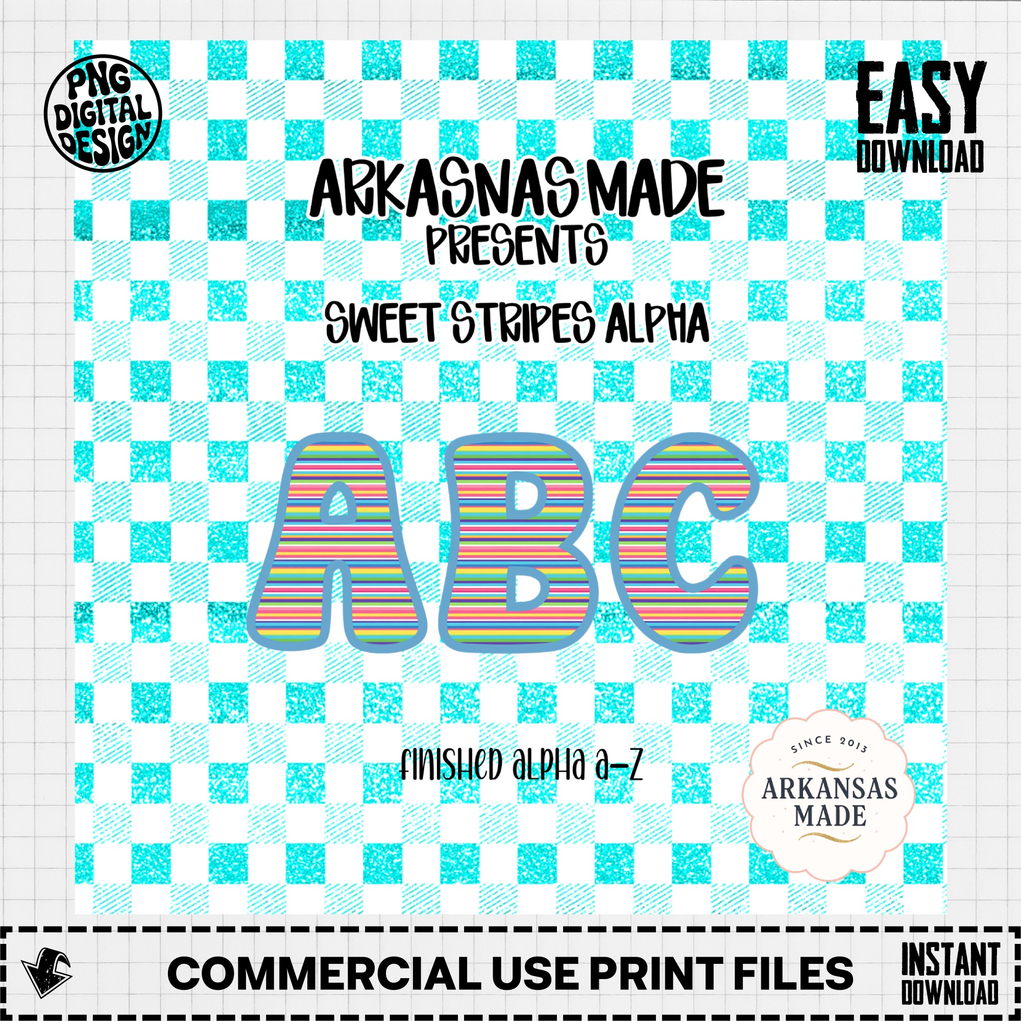 Sweet Stripes Alpha PNG, Digital Download Alphabet, Colorful Striped Letters A-Z, Teal Gingham Checkerboard, Kids Craft Font, Sublimation - Image 2