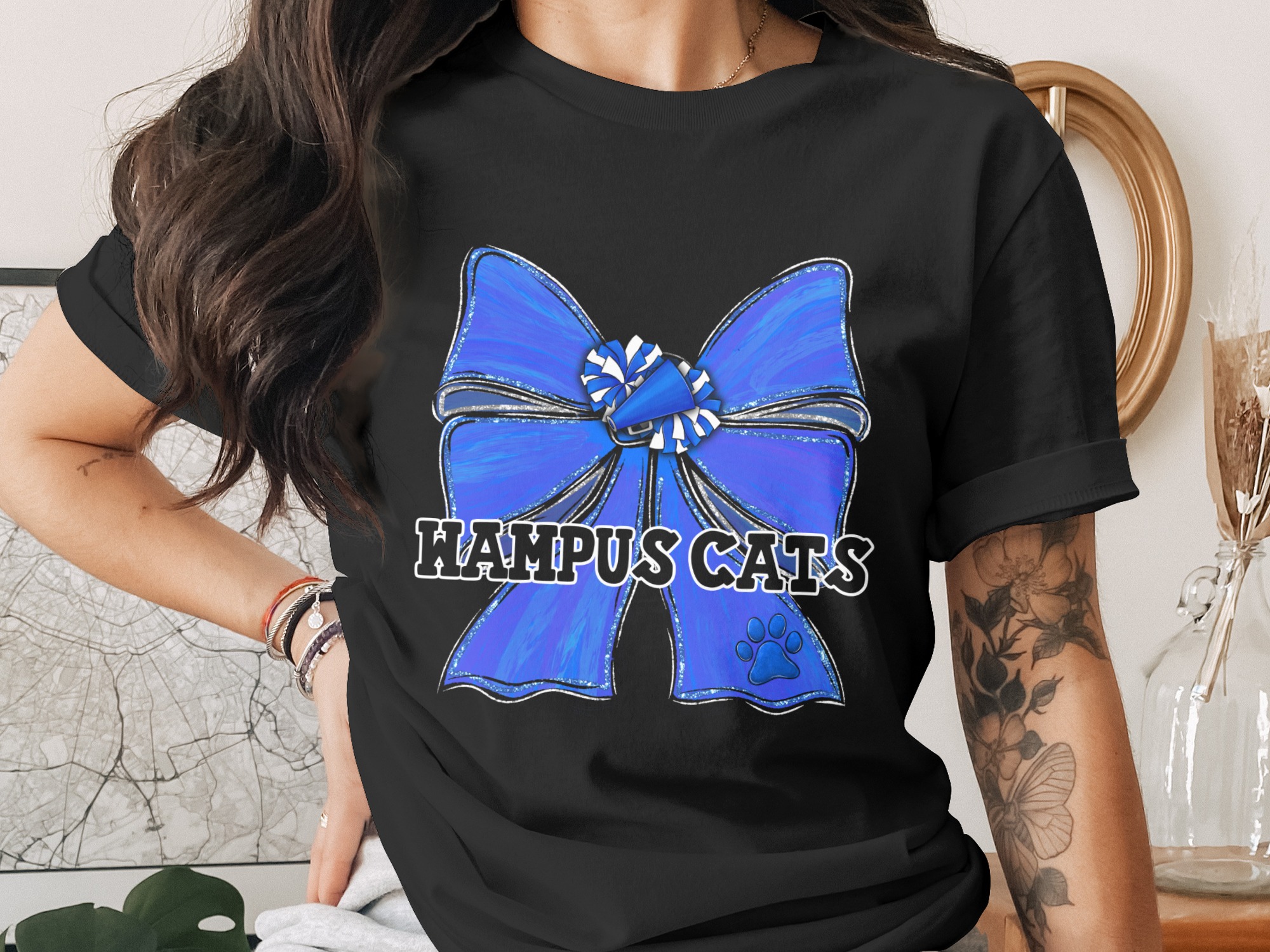 Wampus Cats Cheer Bow PNG, Blue Spirit Design, Megaphone Paw Print, School Team Mascot Digital Download, DTF Sublimation File - Image 2
