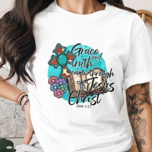 Grace Truth Jesus Christ Digital Download Sublimation DTF PNG, Christian Design, Floral Cross, Bible Verse, John 1 17, Ready to Press