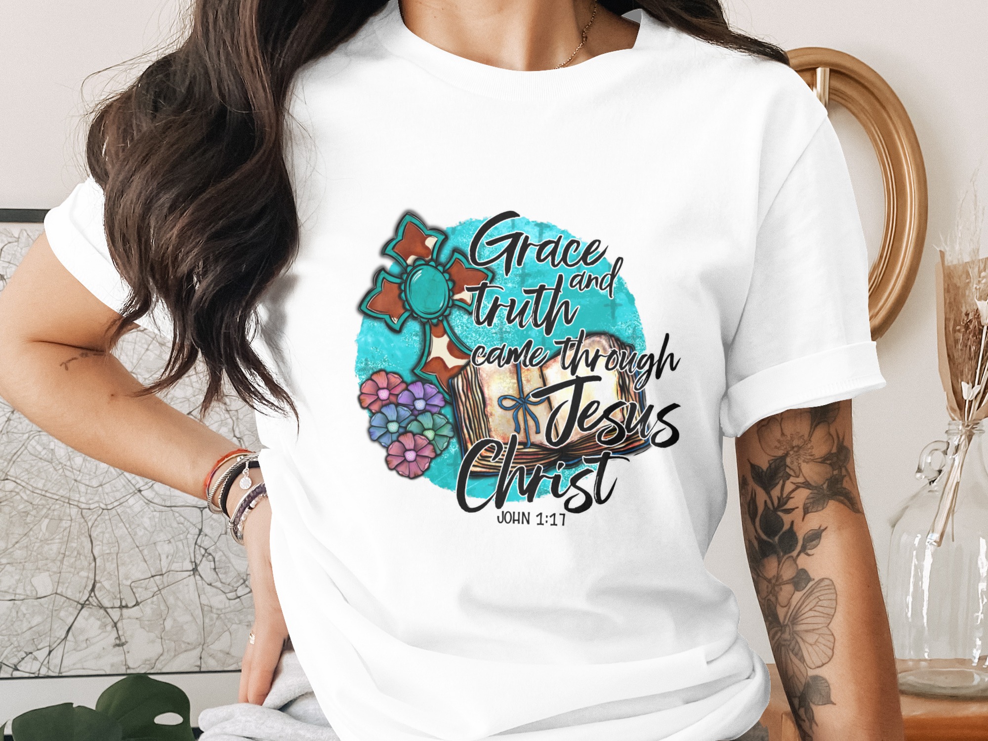 Grace Truth Jesus Christ Digital Download Sublimation DTF PNG, Christian Design, Floral Cross, Bible Verse, John 1 17, Ready to Press