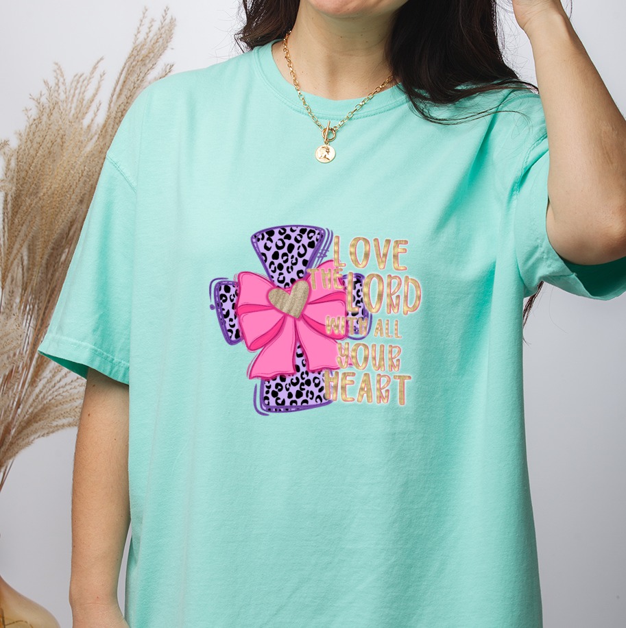 Love The Lord With All Your Heart PNG, Christian Cow Print DTF, Purple Pink Glitter Bow, Faith Quote Digital Download Sublimation - Image 4