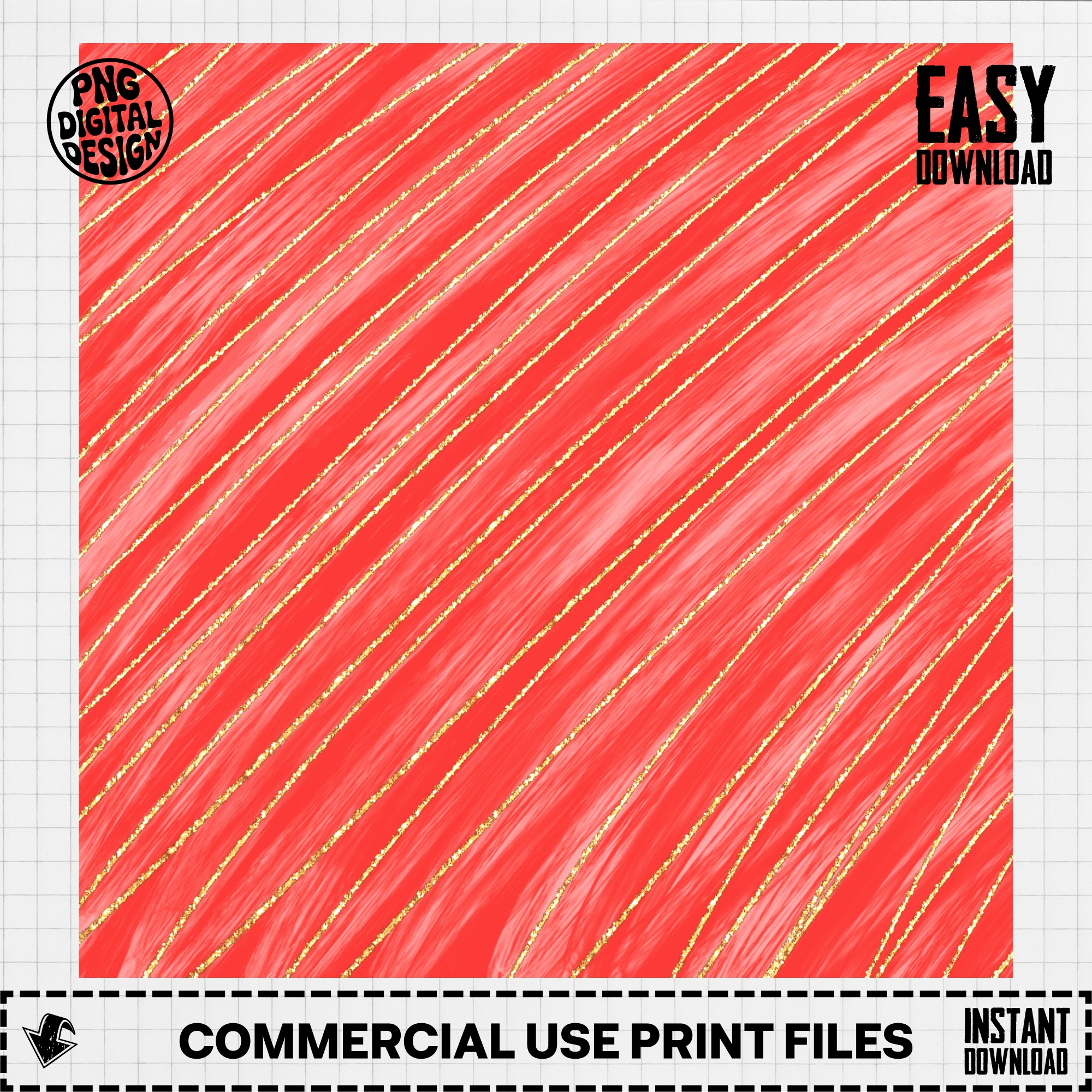 Coral Gold Glitter Stripes Digital Paper, Modern Red Orange Shimmer Background, Diagonal Sparkle Pattern, Digital Download PNG, Glamorous - Image 2