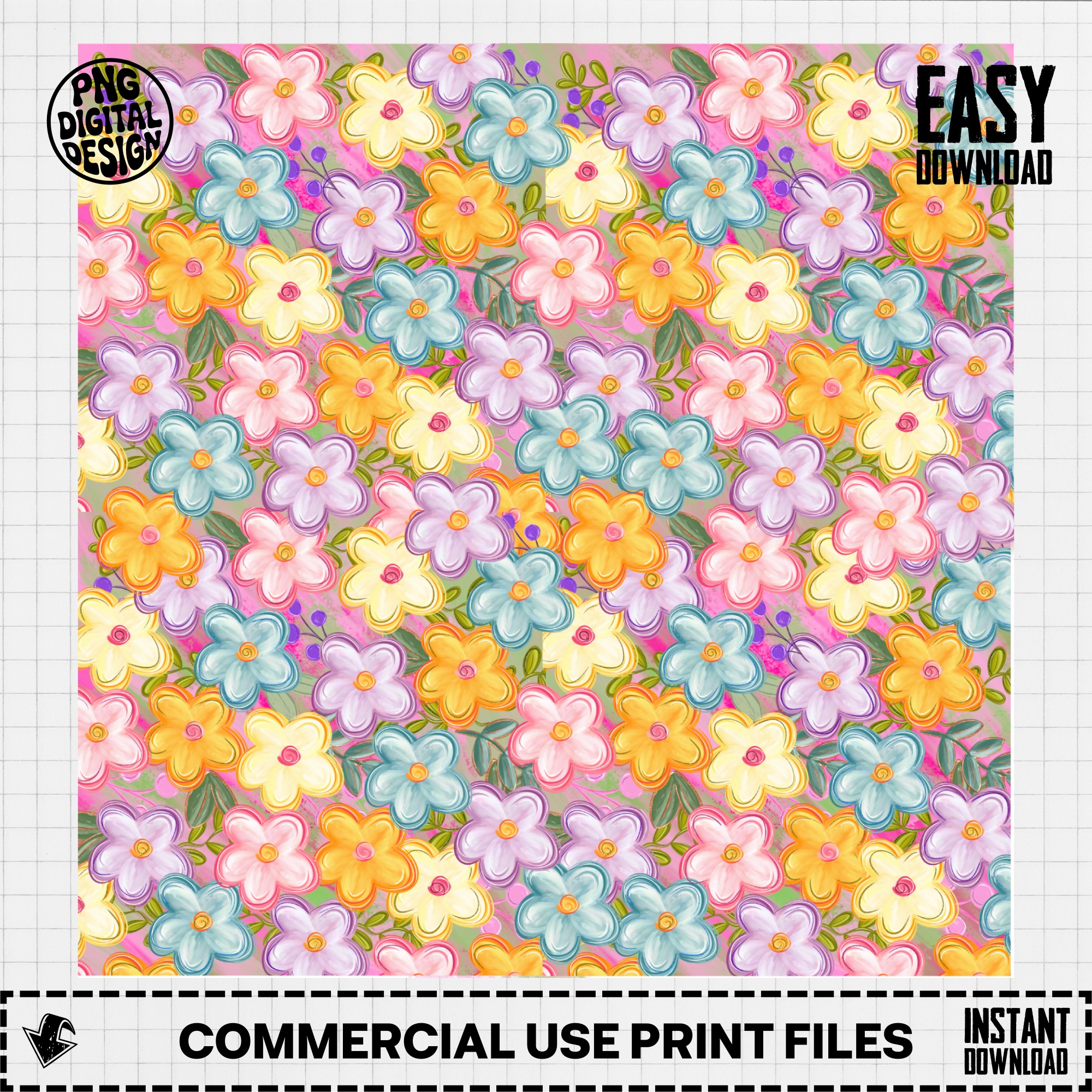 Whimsical Floral Digital Paper, Pastel Flower Seamless Pattern, Colorful Bloom PNG Download, Vibrant Spring Craft Background, Scrapbook Art - Image 2