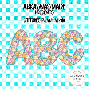 Stitched Floral Alphabet PNG, Pastel Watercolor Flowers ABC Letters, Teal Gingham Digital Download Sublimation DTF Alpha PNGs