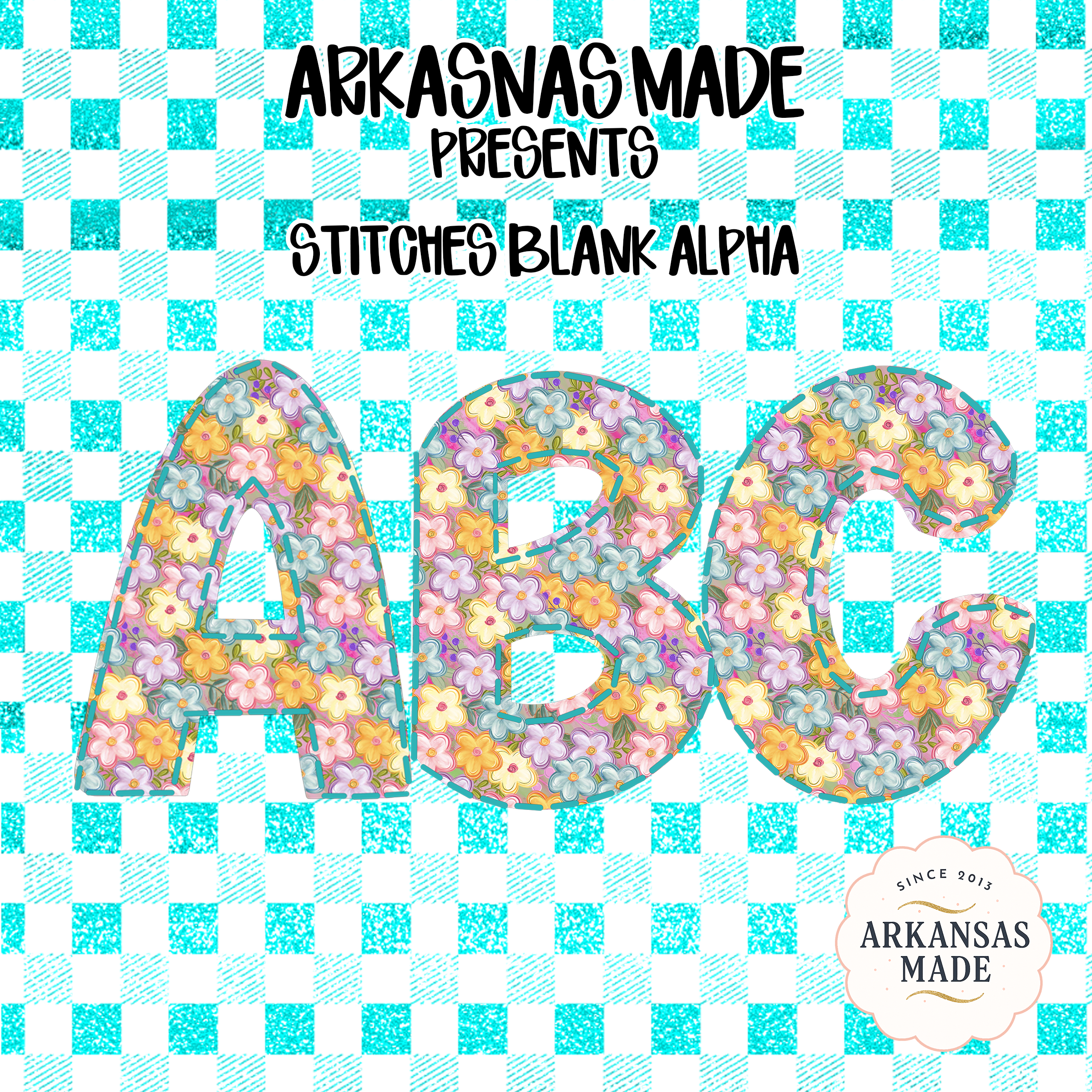 Stitched Floral Alphabet PNG, Pastel Watercolor Flowers ABC Letters, Teal Gingham Digital Download Sublimation DTF Alpha PNGs