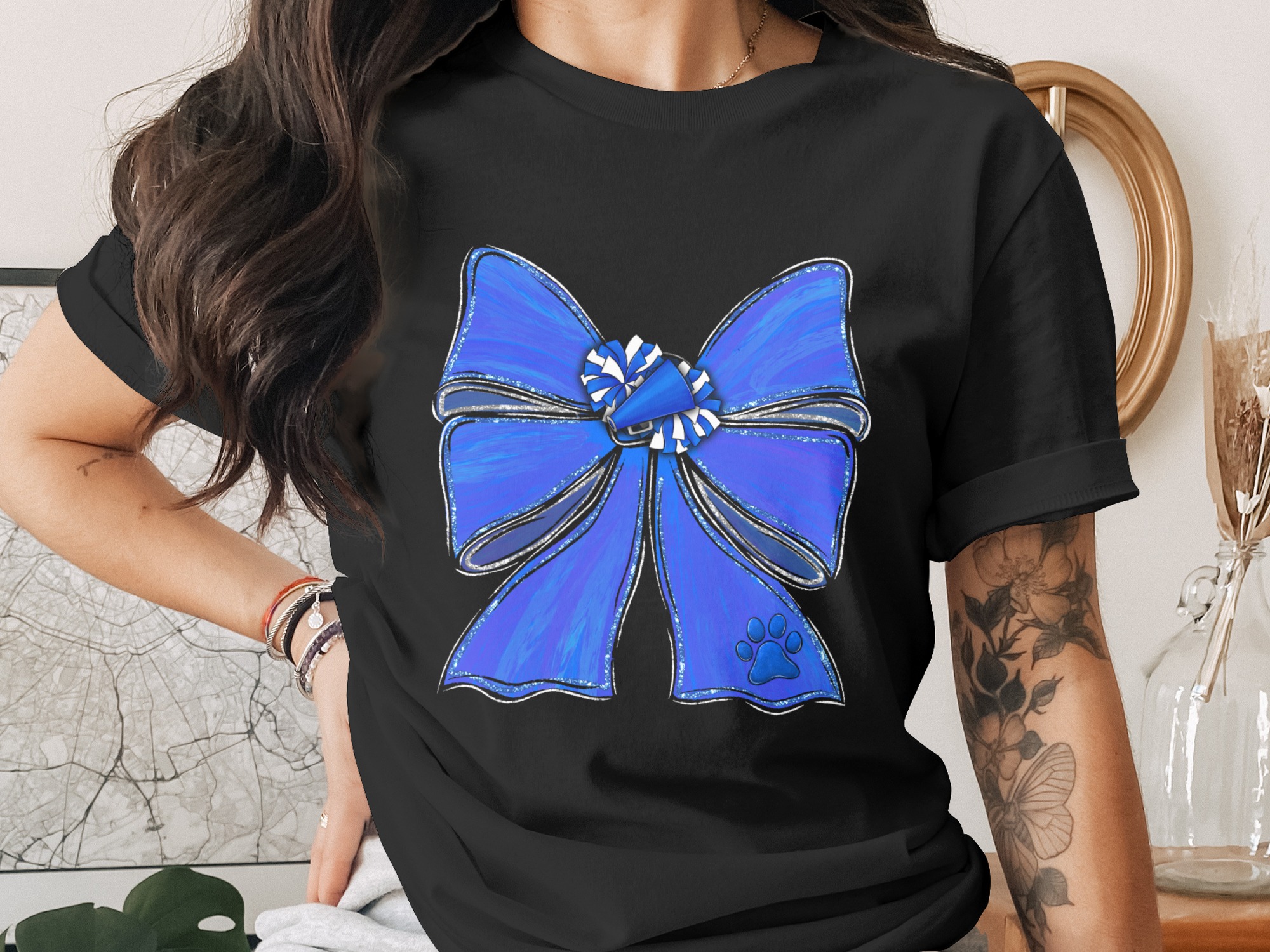 Blue Glitter Cheer Bow, Megaphone Pom Poms Paw Print PNG, Distressed Spirit Team Design, Digital Download Sublimation DTF File. - Image 2