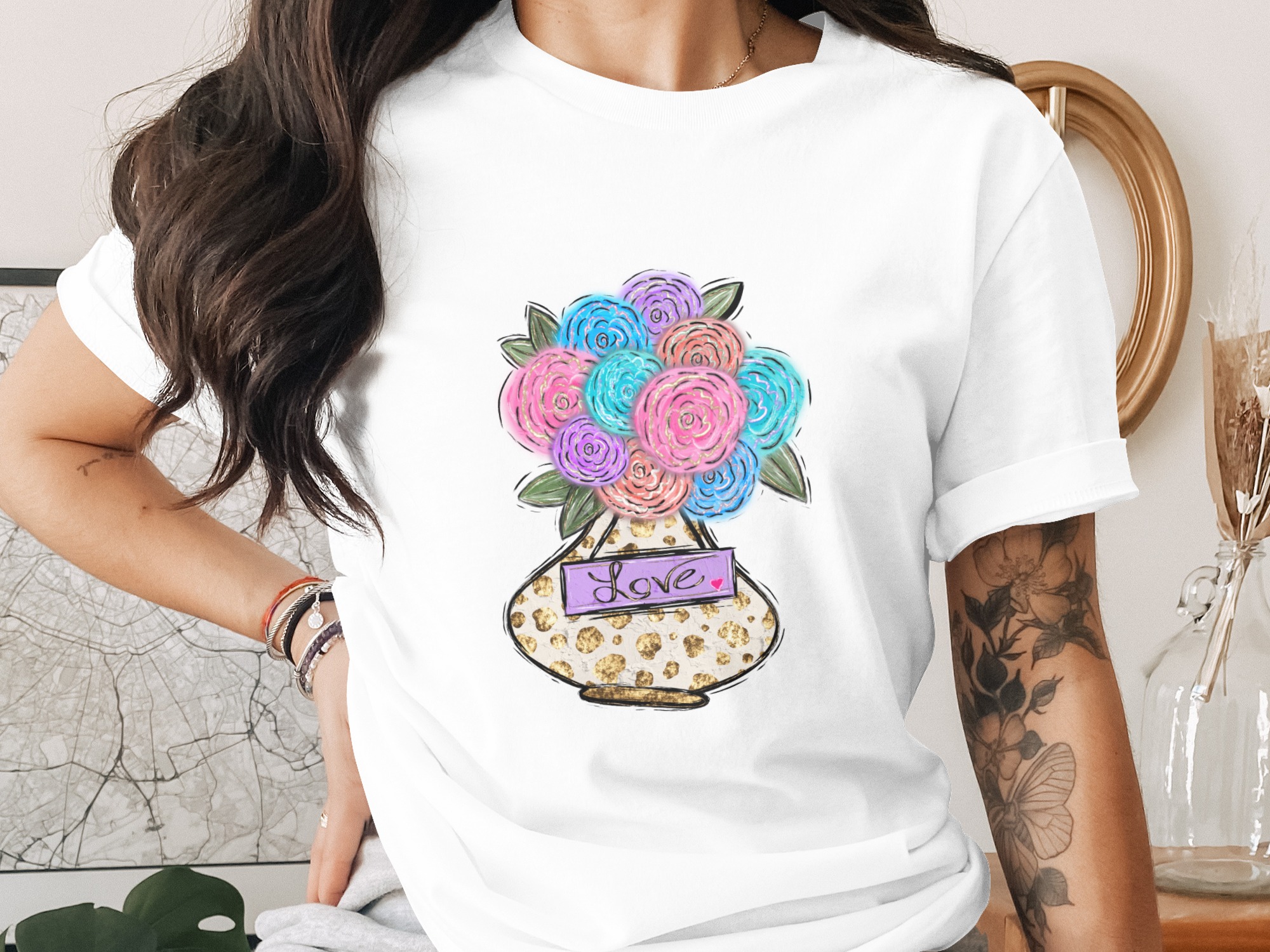 Love Roses Bouquet Digital Download Sublimation DTF PNG, Colorful Flower Vase Design, Shabby Chic Floral Art File, Valentine, Mother's Day