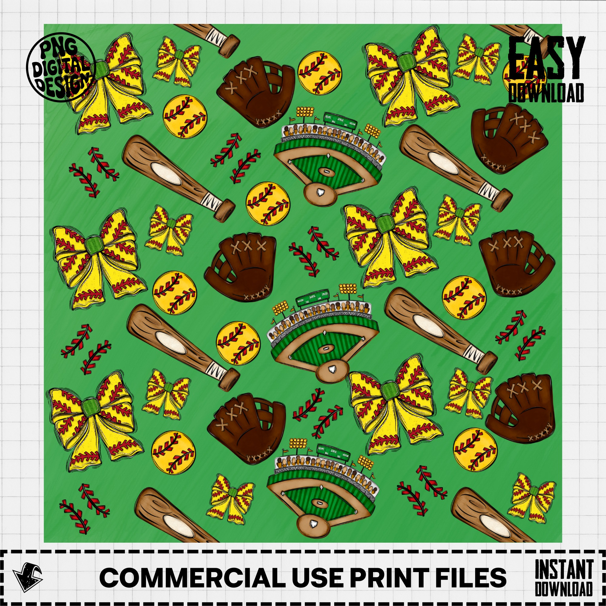 Softball Digital Paper, PNG Seamless Pattern, Game Day Sports Print, Softball Bow, Field, Bat, Glove, Digital Download for Crafts - Image 2